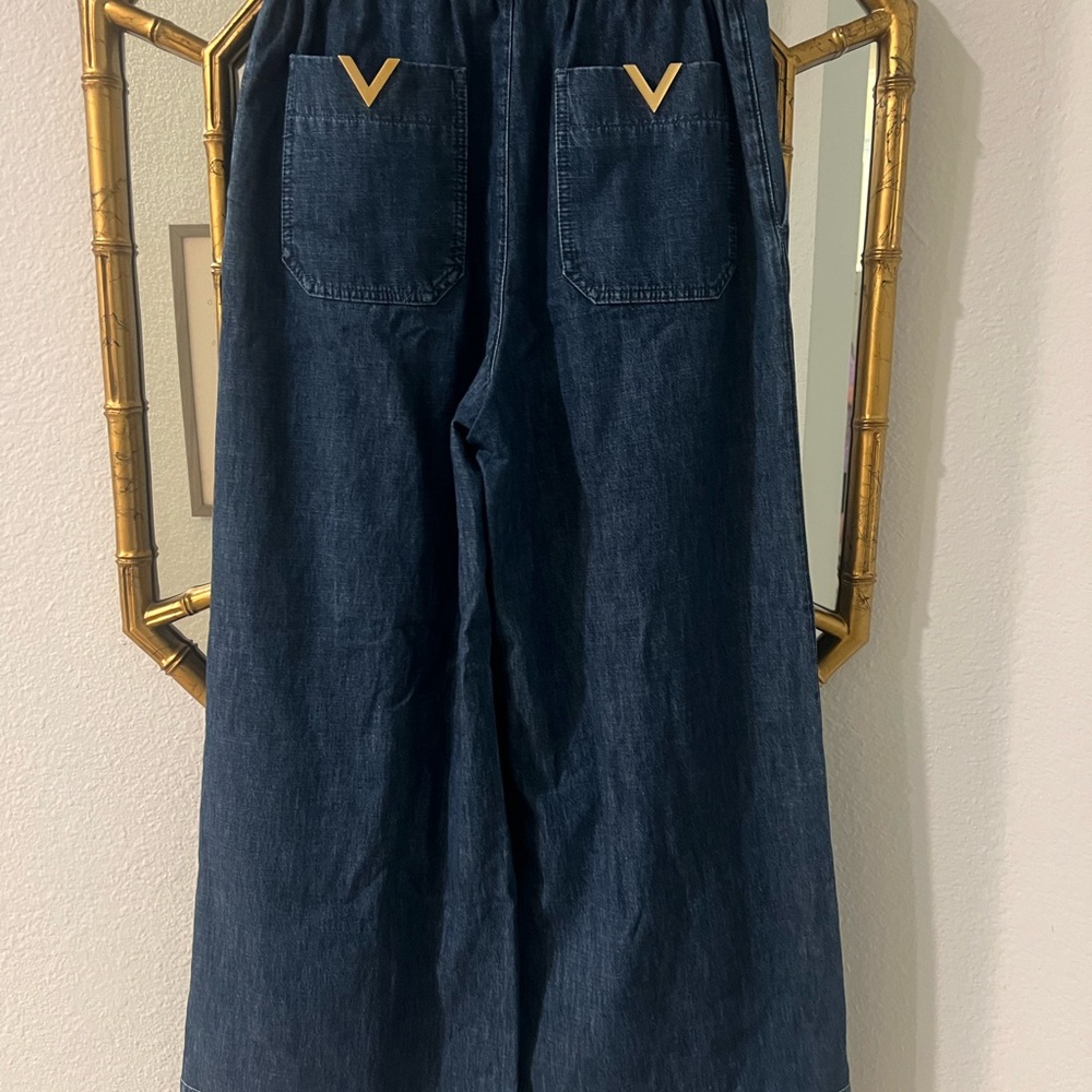 Valentino Dark Blue High-Rise Wide-Leg Jeans with Gold V Accents